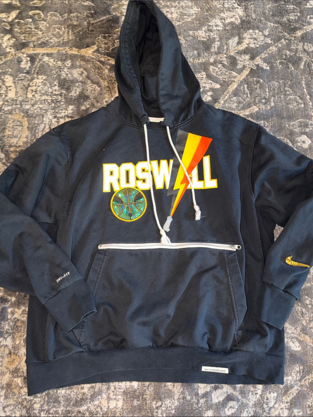 Roswell Raygun  Nike Black Hoodie with Bold Lightning & Basketball Patch